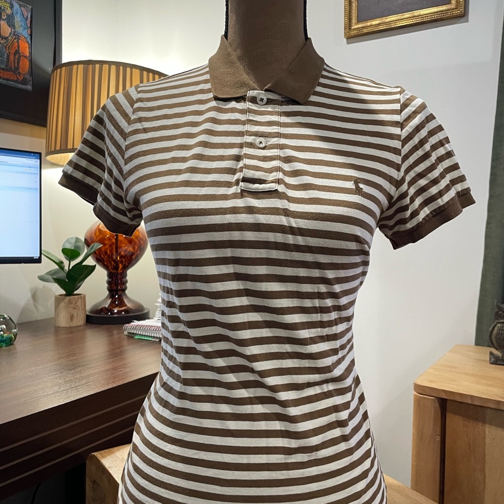 Ralph Lauren Brown and White Striped Polo Shirt